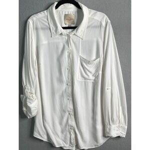 Casa Cabana White Button Down Shirt Roll Tab Sleeve Pocket Detail Women's 1X